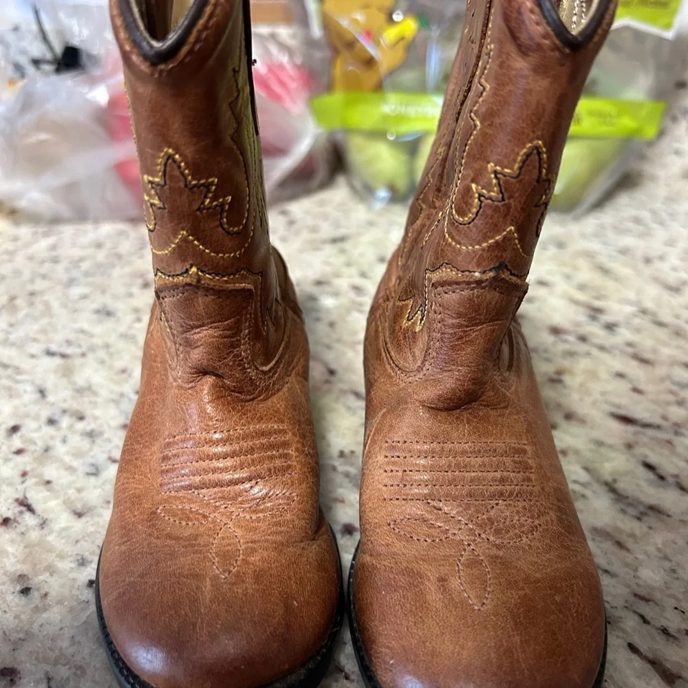 Old West Tan Leather Cowboy Boots with Brown Accents Toddler 5 - Picture 4 of 7